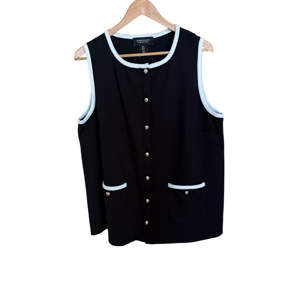 Jones & Co Women’s Black White Trim Button Down Vest Top Size 1X Office Chic - Picture 2 of 11